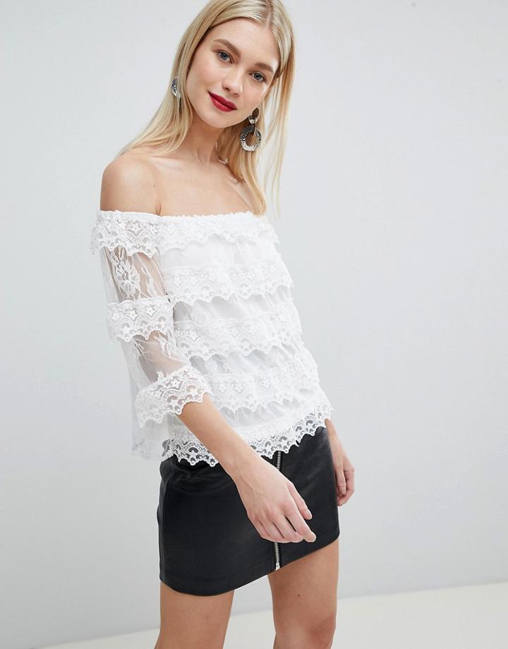 Lipsy Tierred Lace Bardot Top - White