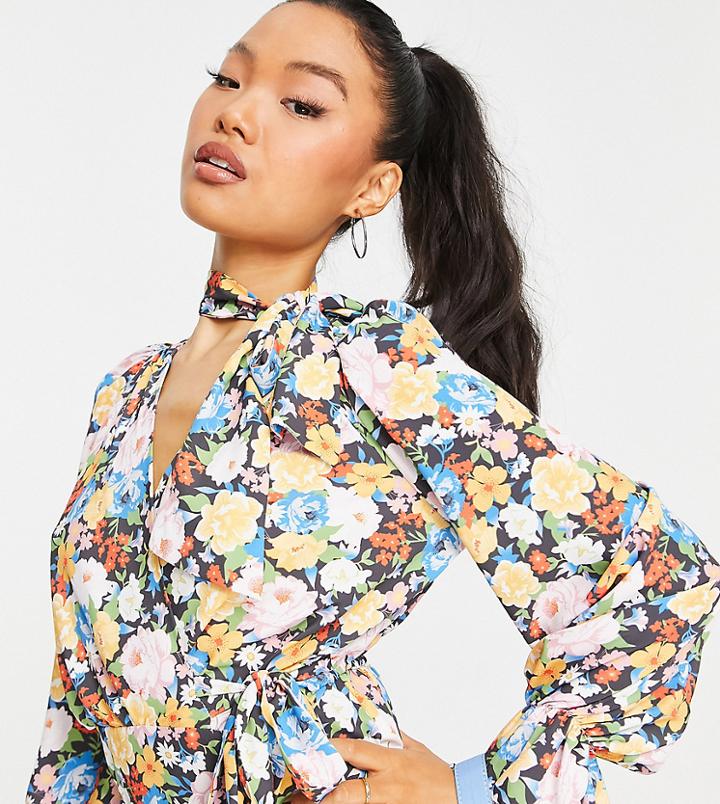 River Island Petite Floral Print Pussybow Mini Tea Dress In Black