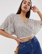 Asos Design Embellished Wrap Top With Angel Sleeve - Silver