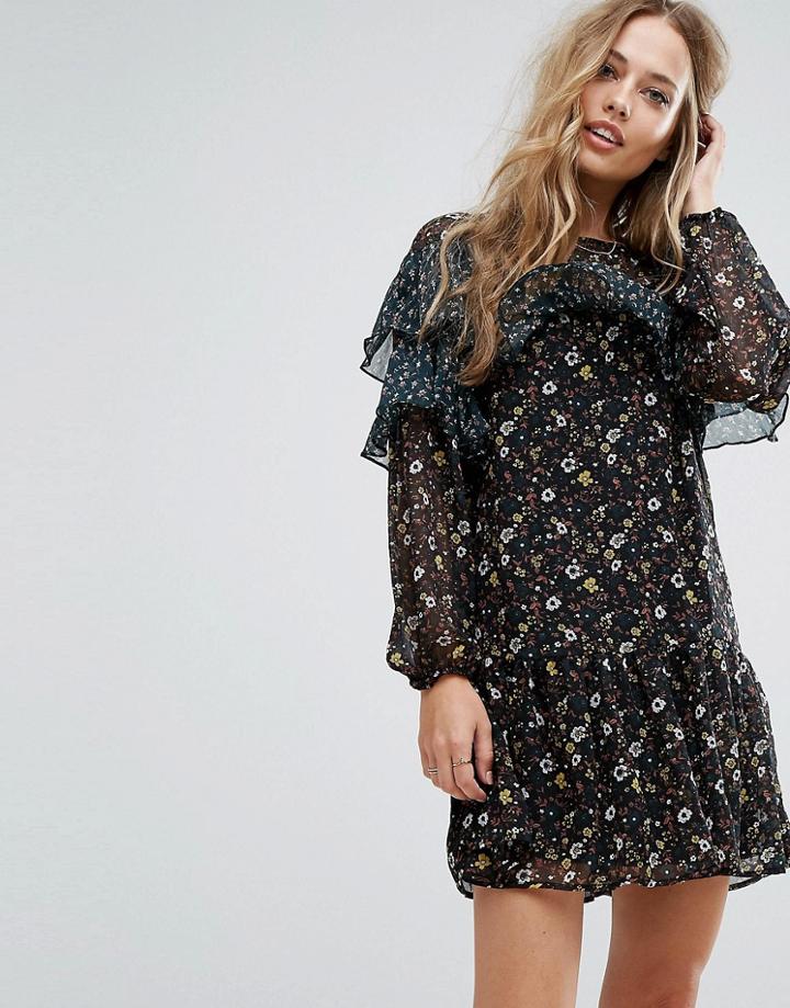 Vila Floral Frill Mesh Dress - Black