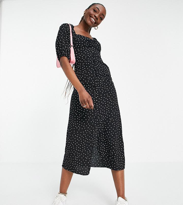 Asos Design Tall Button Through Midi Tea Dress In Mono Spot Print-multi