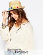 Catarzi Straw Hat With Pom Pom Trim - Natural