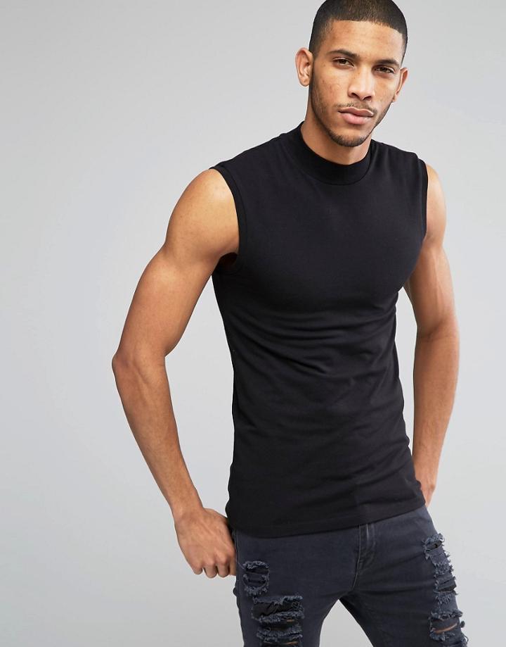 Asos Extreme Muscle Sleeveless T-shirt With Turtleneck In Black - Black