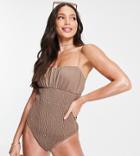 Asos Design Tall Shirred Swimsuit In Brown
