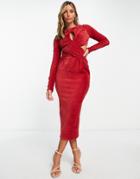 Asos Design Rib Midi Dress With Cross Over In Deep Red
