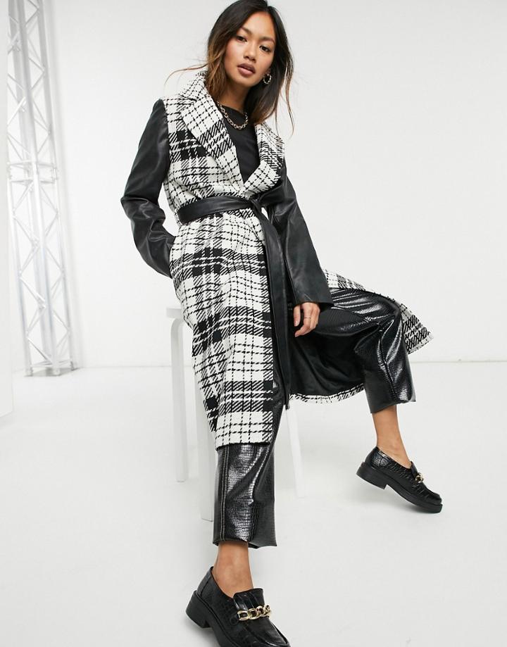 Helene Berman Pu Contrast Sleeve Wool Blend Coat In Check-black