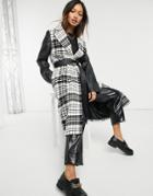 Helene Berman Pu Contrast Sleeve Wool Blend Coat In Check-black