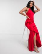 Lipsy X Abbey Clancy Halterneck Ruffle Maxi Dress In Red