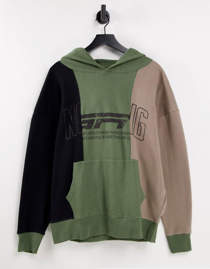 Good For Nothing Oversized Spliced Hoodie In Black And Khaki With Mixed Logo Print-multi
