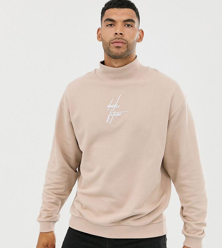 Asos Design Tall Oversized Funnel Neck Sweatshirt In Beige With Embroidered Dark Future Logo - Beige