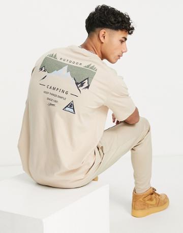 Selected Homme Cotton Blend Oversized T-shirt With Camping Back Print In Sand - Beige-neutral