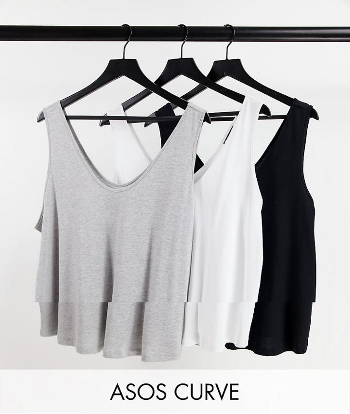 Asos Design Curve Ultimate Organic Cotton Blend Scoop Neck Tank In 3 Pack-multi