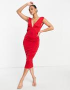 Asos Design Deep Plunge Seamed Ruched Midi Dress In Red-green