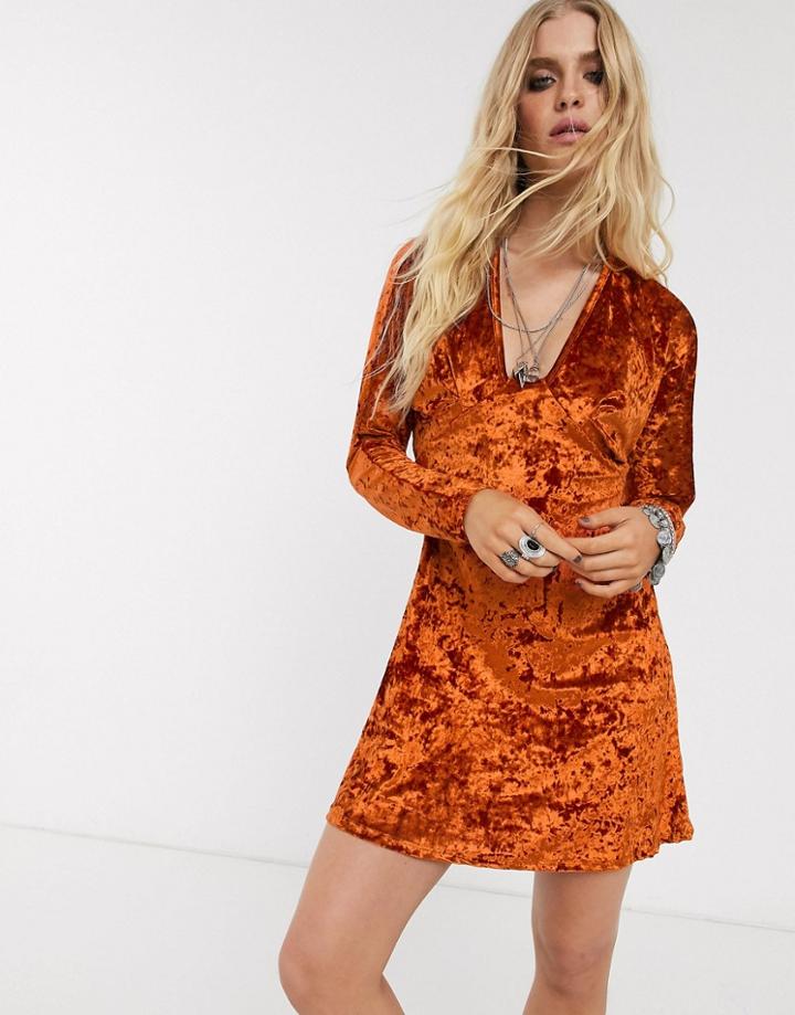 Asos Design Long Sleeve Plunge Velvet Mini Dress-red