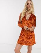 Asos Design Long Sleeve Plunge Velvet Mini Dress-red