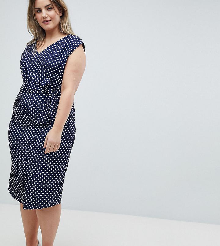 Closet London Plus Wrap Front Pencil Dress In Polka Print - Multi