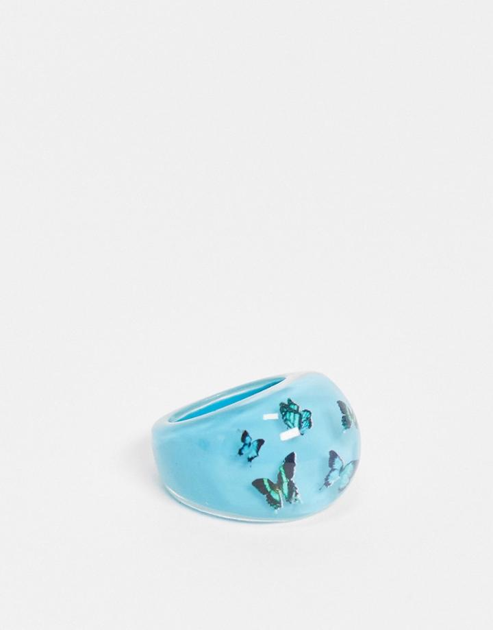 Asos Design Plastic Ring With Butterflies In Blue-blues