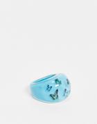 Asos Design Plastic Ring With Butterflies In Blue-blues