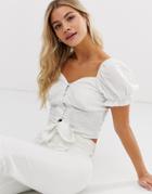 Qed London Sweetheart Neckline Cropped Blouse With Puff Sleeves And Tie Waist-white