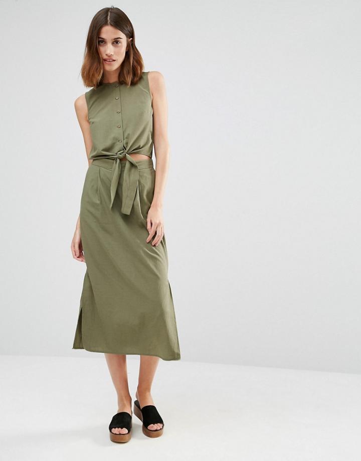 Warehouse Tie Front Midi Dress - Khaki