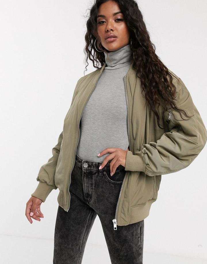 Asos Design Oversized Bomber Jacket In Khaki-black