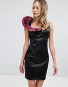 City Goddess Cami Dress With Floral Corsage Detail - Black