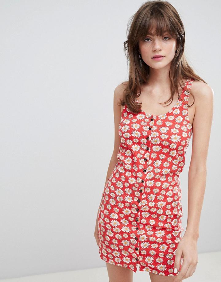 Monki Floral Print Button Front Jersey Mini Dress - Red