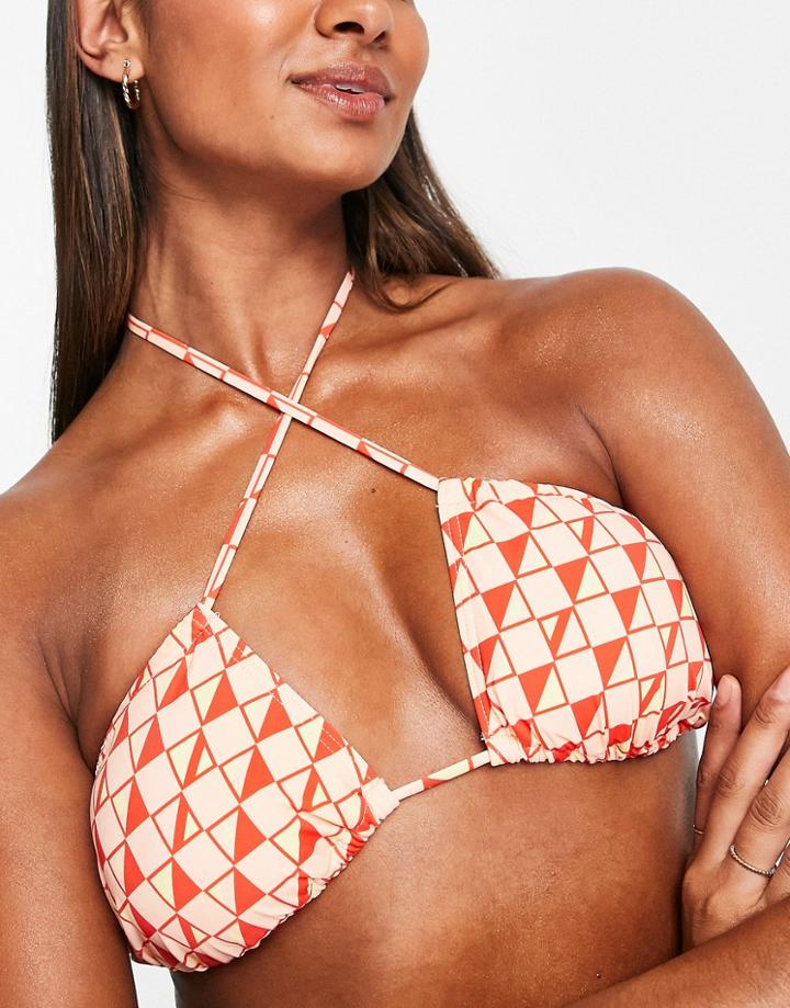 Vero Moda Mix & Match Triangle Bikini Top In Red And Yellow Tile Print