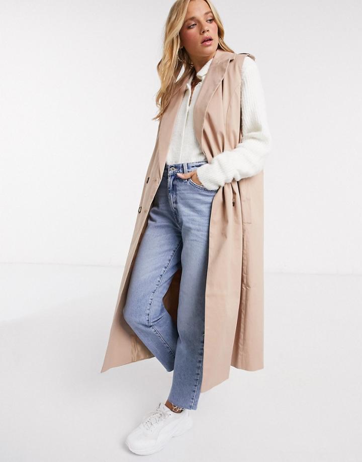 Asos Design Sleeveless Trench Coat In Stone-neutral