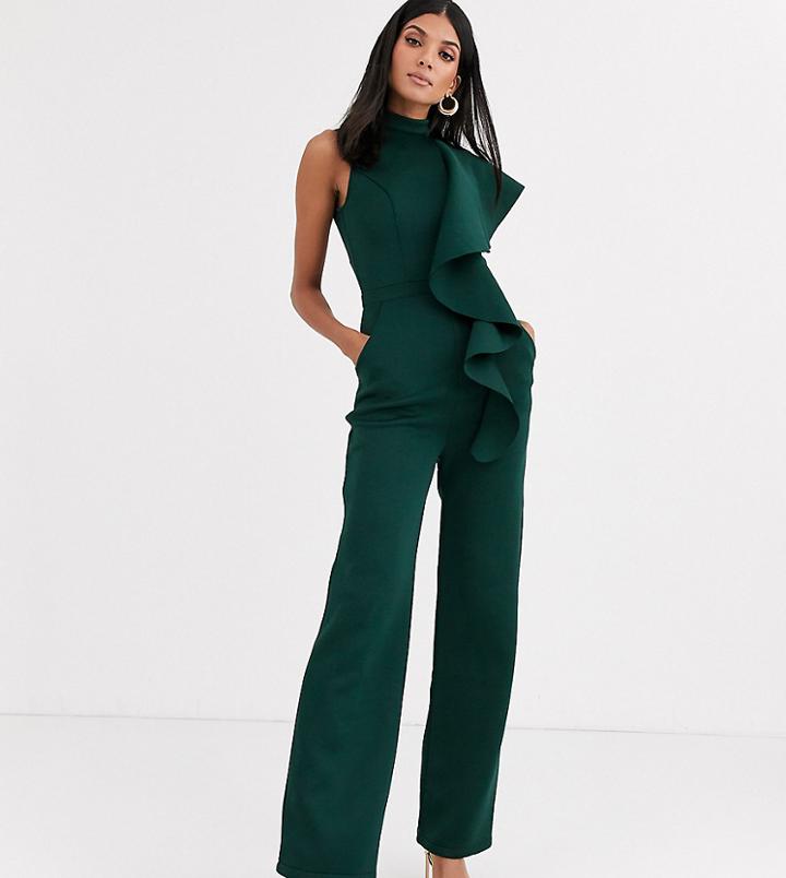 Chi Chi London Tall High Neck Ruffle Jumpsuit In Emerald Green
