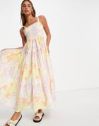 Asos Design Cami Midi Sundress With Raw Edges In Abstract Print-multi