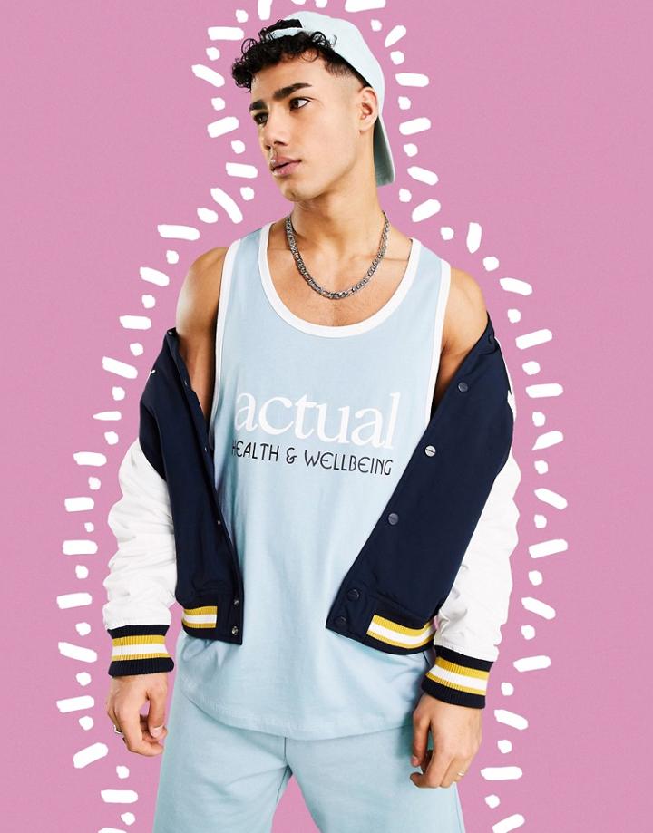 Asos Actual Health And Wellbeing Tank Top With Graphic Print In Light Blue