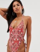 Asos Design Tie Side Plunge Swimsuit In Bandana Print - Multi
