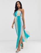 Asos Design Beach Maxi Dress With Ruched Waist & Halter Neck In Rainbow Stripe - Multi