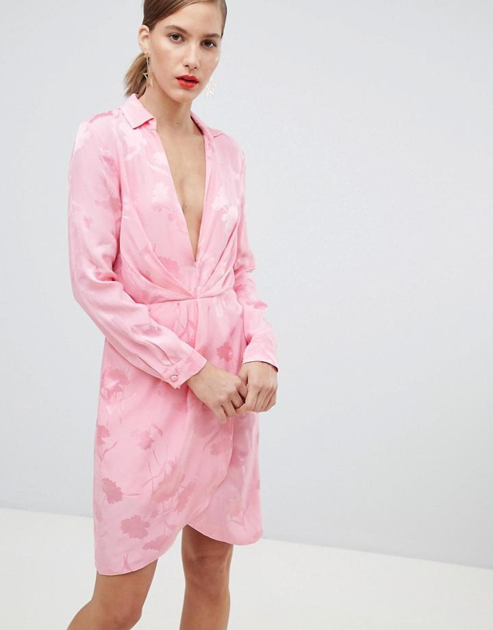 River Island Dress With Plunge Neck Line In Floral Jacquard Print-pink