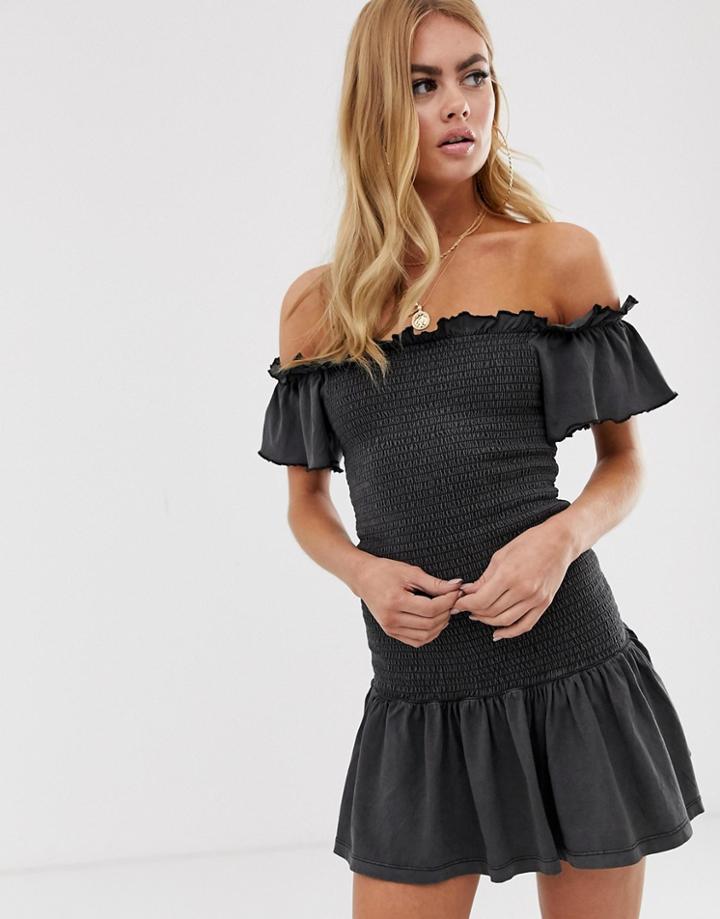 Asos Design Off Shoulder Shirred Sundress In Oil Wash - Gray
