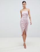 Asos Design Satin Ruched Side Midi Dress With Strappy Back - Beige