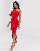 True Violet Exclusive One Shoulder Frill Wrap Dress In Red - Red