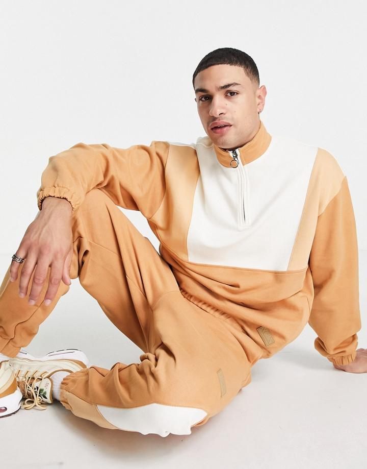 Asos Design Oversized Half Zip Sweatshirt With Contrast Panel Details - Part Of A Set-brown