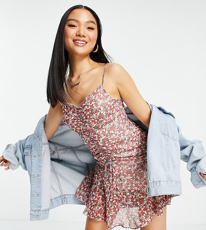 Topshop Petite Strappy Ruched Ditsy Mini Dress-multi