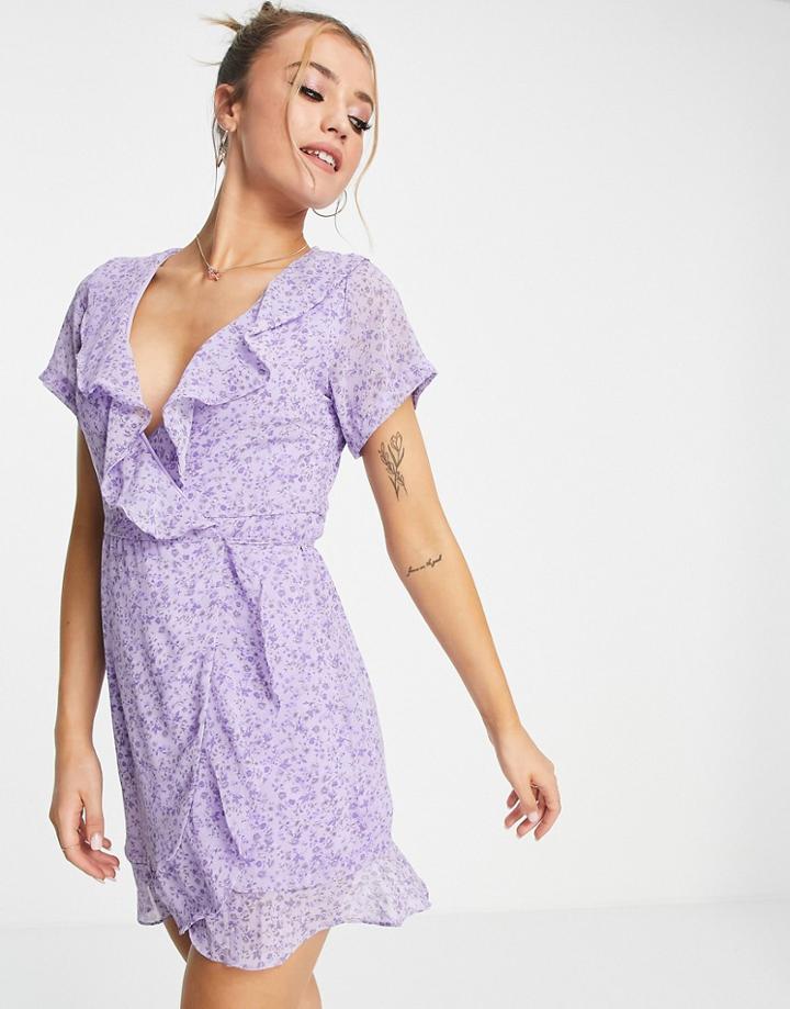 In The Style X Olivia Bowen Frill Detail Wrap Mini Dress In Lilac Floral Print-multi
