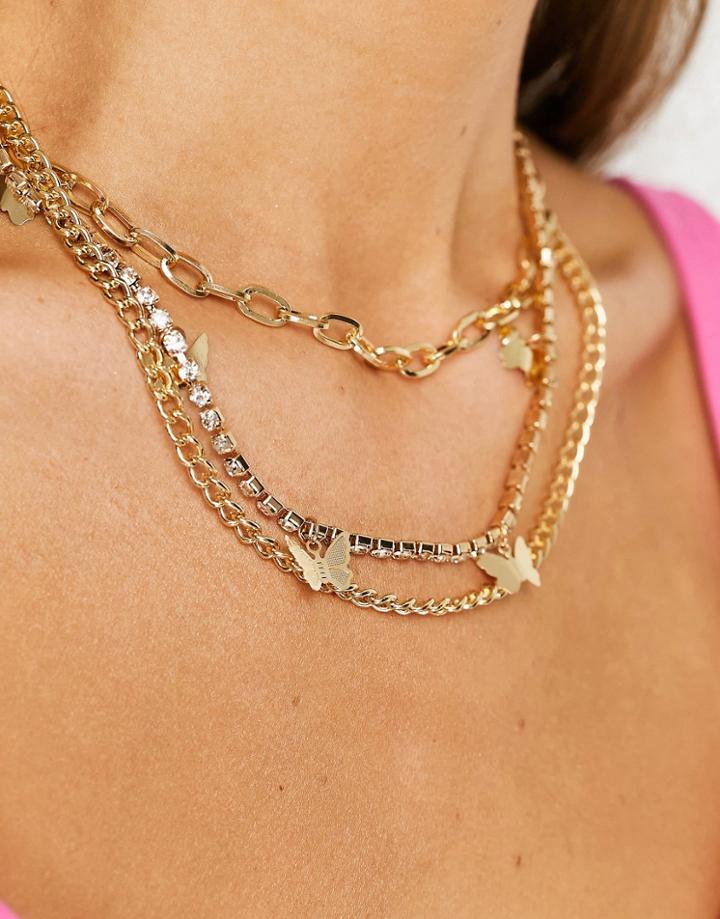 Svnx Multi Row Butterfly Necklace-gold