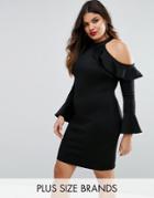 Club L Plus Ruffle Cold Shoulder Dress With Fluted Sleeve - Black