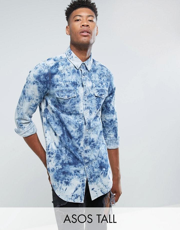 Asos Tall Regular Fit Denim Shirt In Bleach Wash - Blue