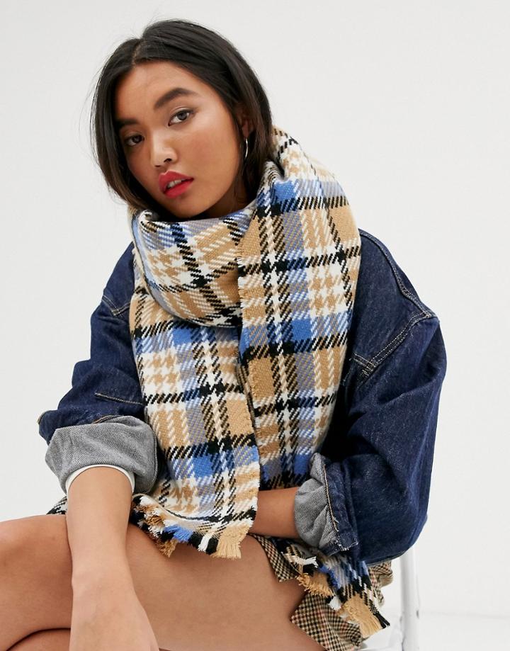Asos Design Chunky Check Scarf In Camel And Blue