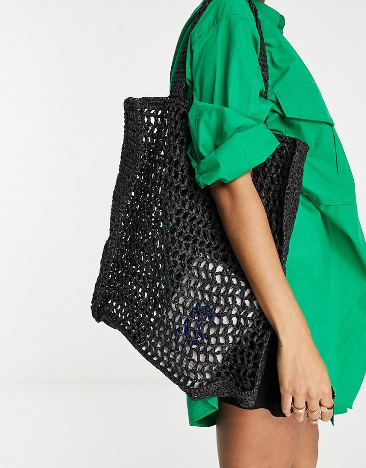 Topshop Crochet Tote Bag In Black