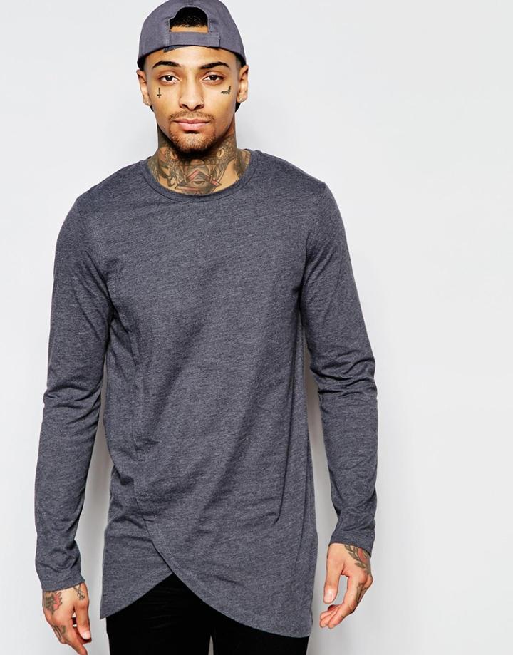 Asos Longline Long Sleeve T-shirt With Asymmetric Curve Hem - Gray