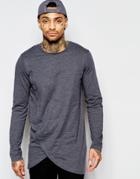 Asos Longline Long Sleeve T-shirt With Asymmetric Curve Hem - Gray
