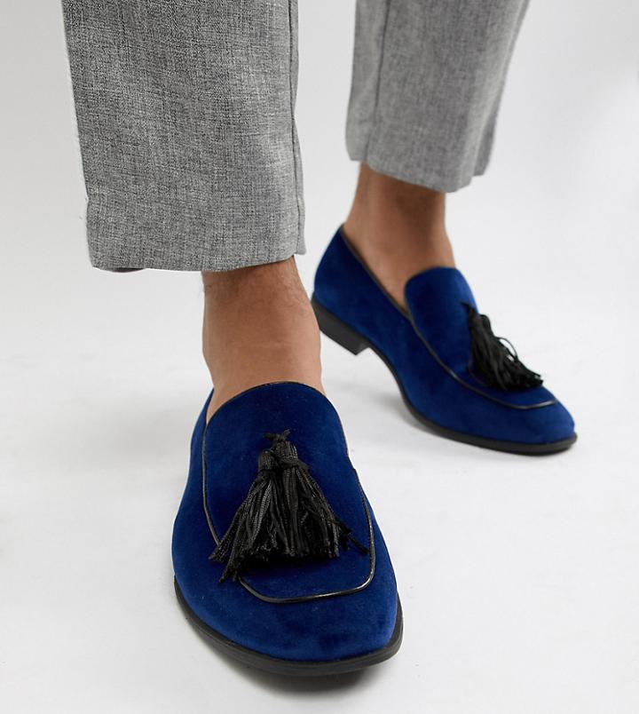 Asos Design Wide Fit Loafers In Navy Velvet With Tassel Detail - Blue