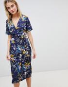 Warehouse Trailing Floral Pleated Midi Wrap Dress - Navy